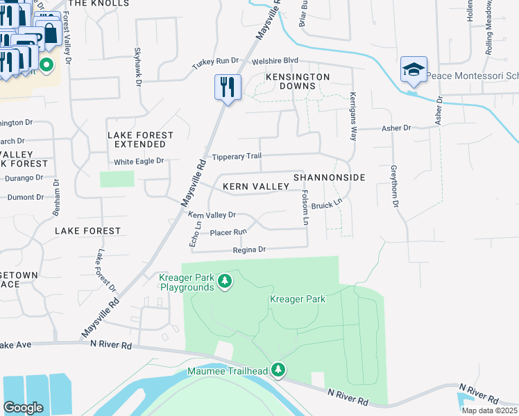 map of restaurants, bars, coffee shops, grocery stores, and more near 7611 Placer Run in Fort Wayne