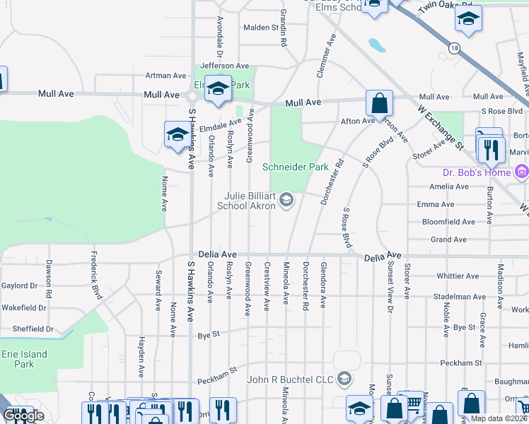 map of restaurants, bars, coffee shops, grocery stores, and more near 474 Crestview Avenue in Akron