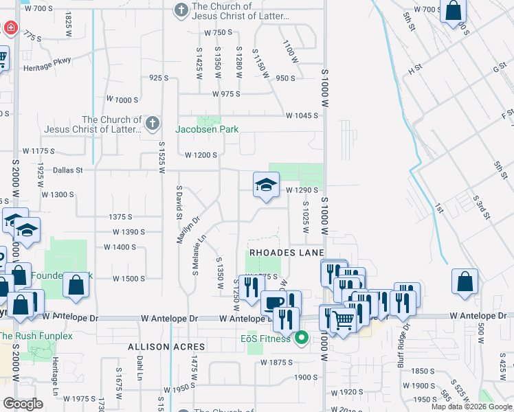 map of restaurants, bars, coffee shops, grocery stores, and more near 1206 West 1350 South in Syracuse