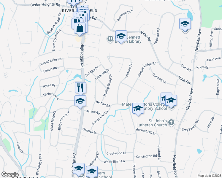 map of restaurants, bars, coffee shops, grocery stores, and more near 49 Rolling Wood Drive in Stamford