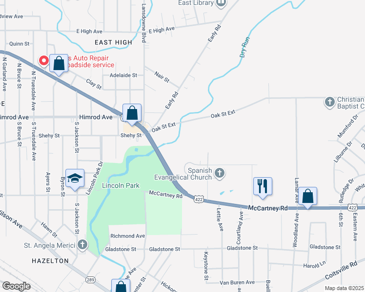 map of restaurants, bars, coffee shops, grocery stores, and more near 1110 Kendis Circle in Youngstown