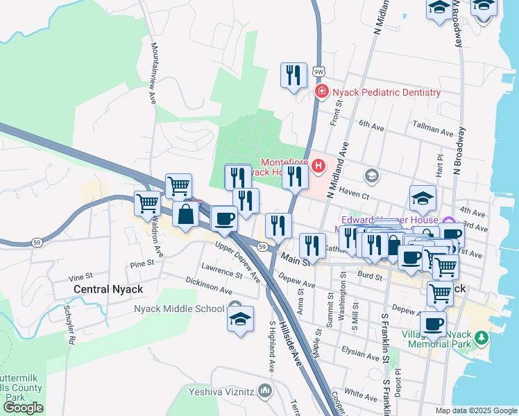 map of restaurants, bars, coffee shops, grocery stores, and more near 273 High Avenue in Nyack