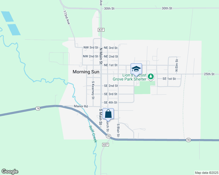 map of restaurants, bars, coffee shops, grocery stores, and more near 200 South Church Street in Morning Sun
