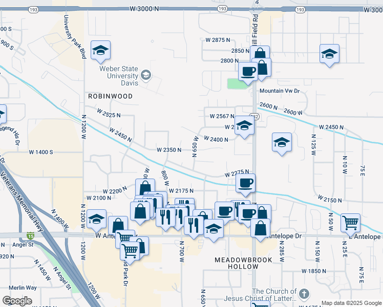 map of restaurants, bars, coffee shops, grocery stores, and more near 660 West 2325 North in Layton