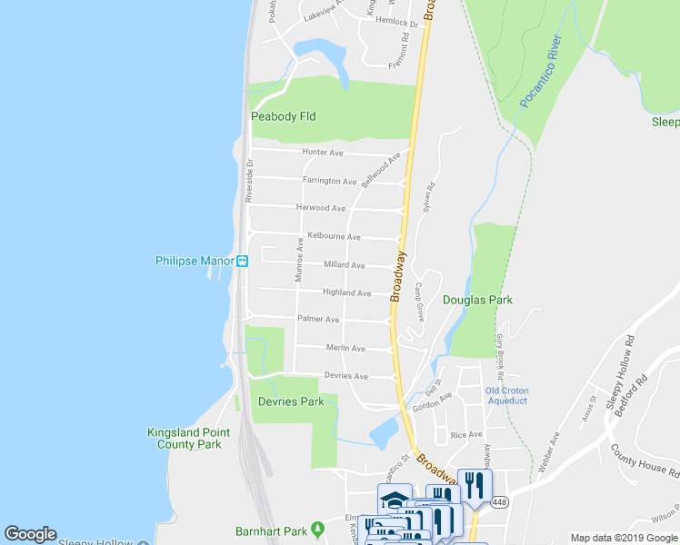 map of restaurants, bars, coffee shops, grocery stores, and more near 499 Bellwood Avenue in Philipse Manor