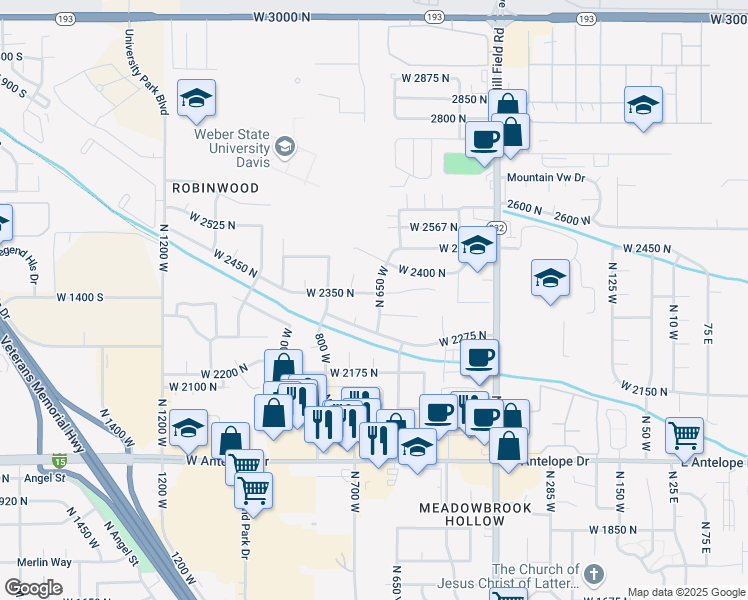 map of restaurants, bars, coffee shops, grocery stores, and more near 660 West 2325 North in Layton