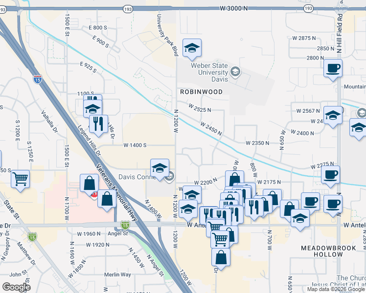 map of restaurants, bars, coffee shops, grocery stores, and more near 1163 West 2325 North in Layton