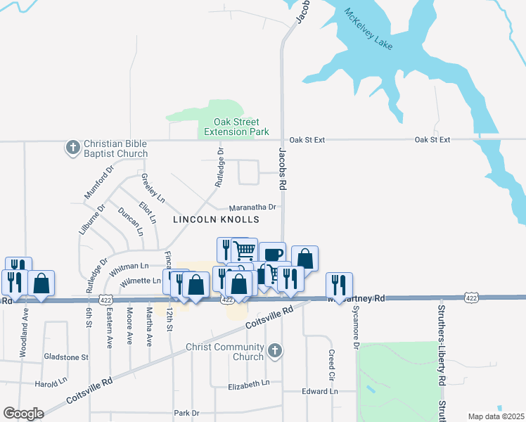map of restaurants, bars, coffee shops, grocery stores, and more near 128 Jacobs Road in Youngstown