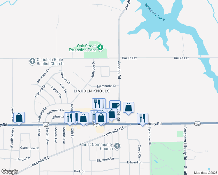 map of restaurants, bars, coffee shops, grocery stores, and more near 114 Gluck Street in Youngstown