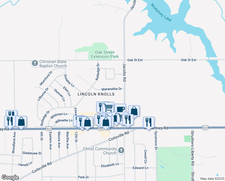 map of restaurants, bars, coffee shops, grocery stores, and more near 114 Gluck Street in Youngstown
