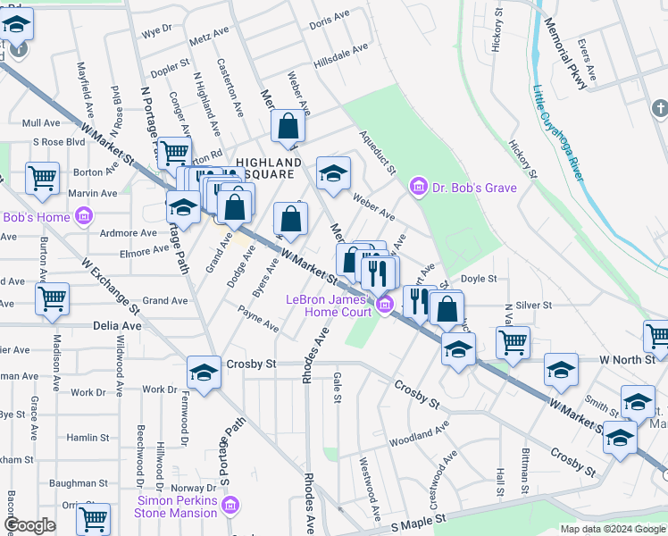 map of restaurants, bars, coffee shops, grocery stores, and more near in Akron