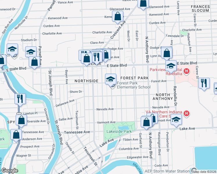 map of restaurants, bars, coffee shops, grocery stores, and more near 1920 California Avenue in Fort Wayne