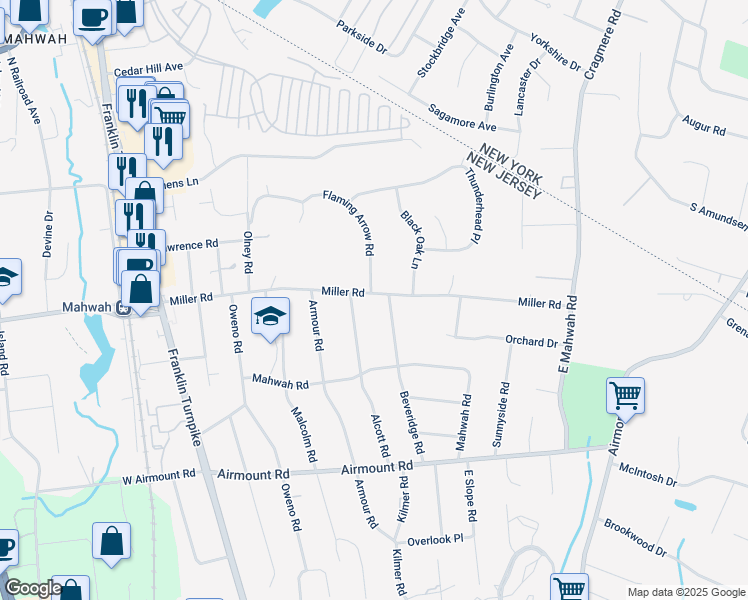 map of restaurants, bars, coffee shops, grocery stores, and more near 200 Miller Road in Mahwah