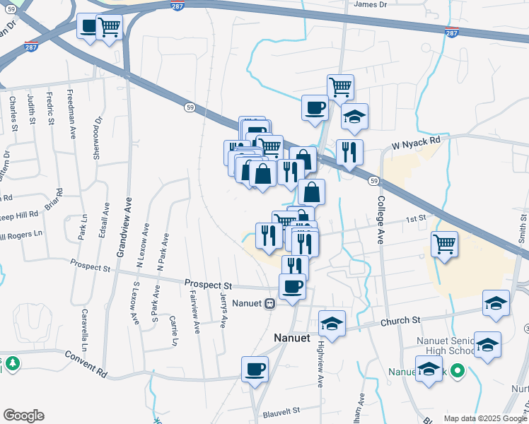 map of restaurants, bars, coffee shops, grocery stores, and more near 200 Nanuet Mall South in Nanuet