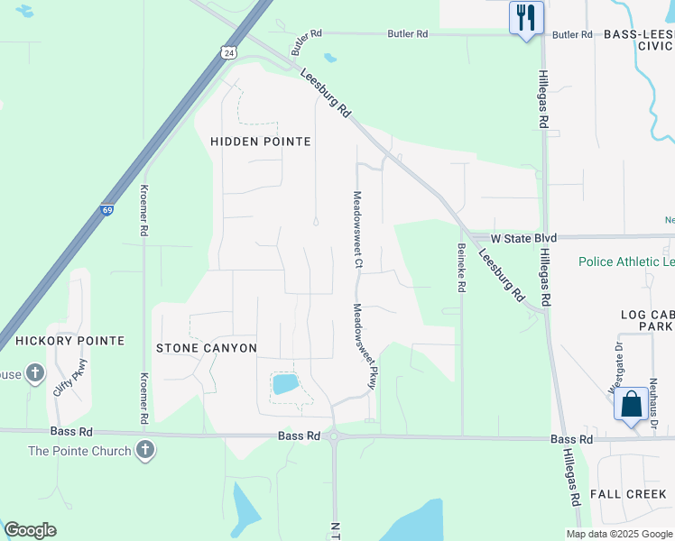 map of restaurants, bars, coffee shops, grocery stores, and more near 2135 Meadowsweet Parkway in Fort Wayne
