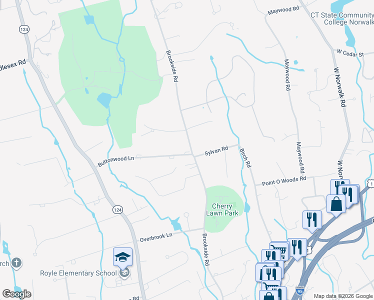 map of restaurants, bars, coffee shops, grocery stores, and more near 3 Sylvan Road in Darien
