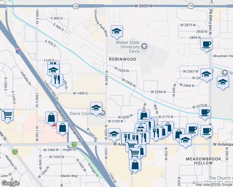 map of restaurants, bars, coffee shops, grocery stores, and more near 1124 West 2325 North in Layton
