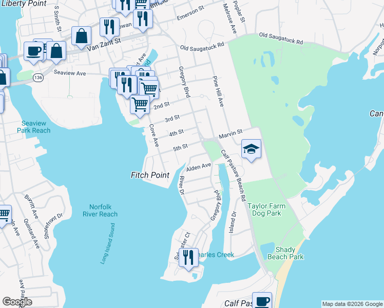 map of restaurants, bars, coffee shops, grocery stores, and more near 7 Alden Avenue in Norwalk
