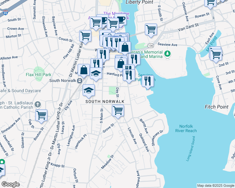map of restaurants, bars, coffee shops, grocery stores, and more near Day Street in Norwalk
