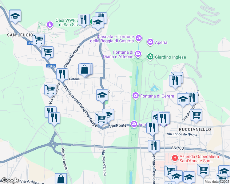 map of restaurants, bars, coffee shops, grocery stores, and more near 34 Via Gerusalemme in Caserta