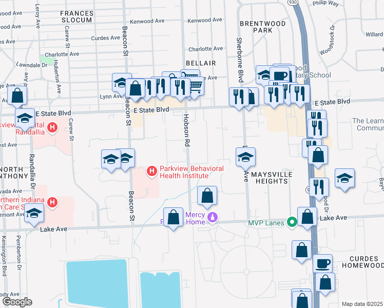 map of restaurants, bars, coffee shops, grocery stores, and more near 1926 Hobson Road in Fort Wayne