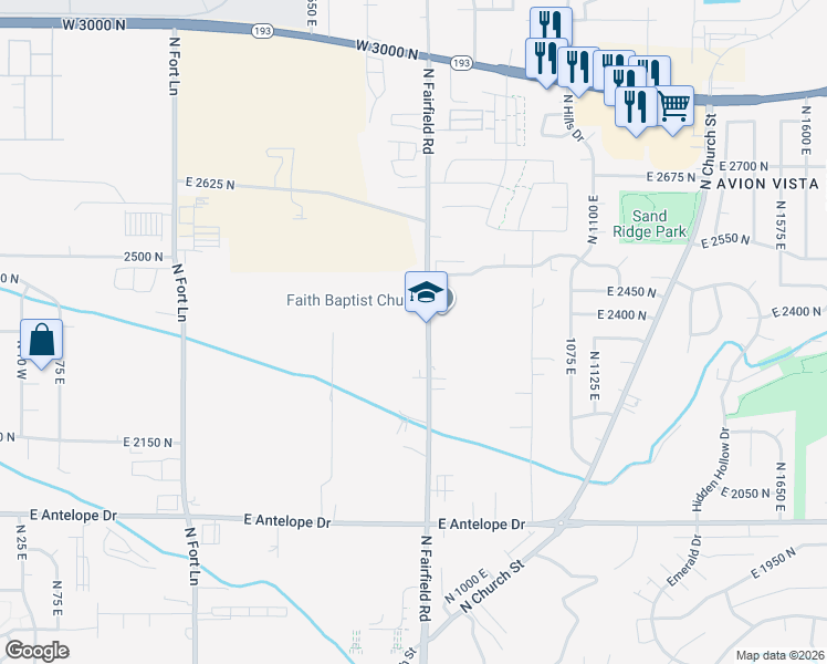 map of restaurants, bars, coffee shops, grocery stores, and more near 2305 North Fairfield Road in Layton