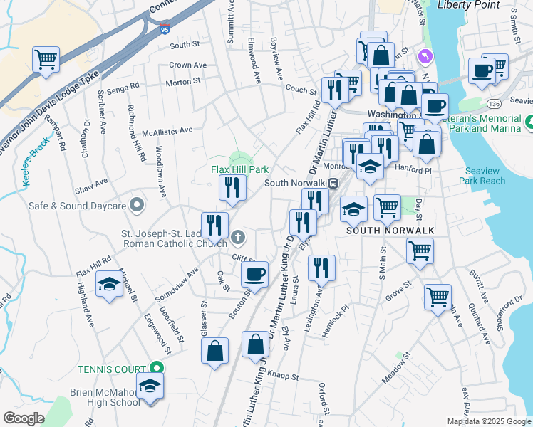 map of restaurants, bars, coffee shops, grocery stores, and more near 19 Lowe Street in Norwalk