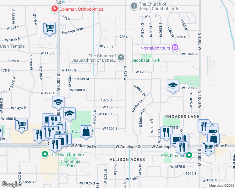 map of restaurants, bars, coffee shops, grocery stores, and more near 1361 1600 West in Syracuse