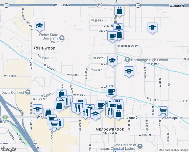 map of restaurants, bars, coffee shops, grocery stores, and more near 584 West 2325 North in Layton