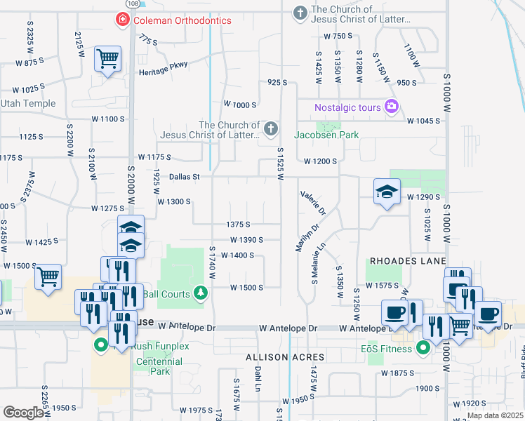 map of restaurants, bars, coffee shops, grocery stores, and more near 1361 1600 West in Syracuse
