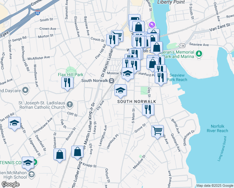 map of restaurants, bars, coffee shops, grocery stores, and more near 5 Mulvoy Street in Norwalk