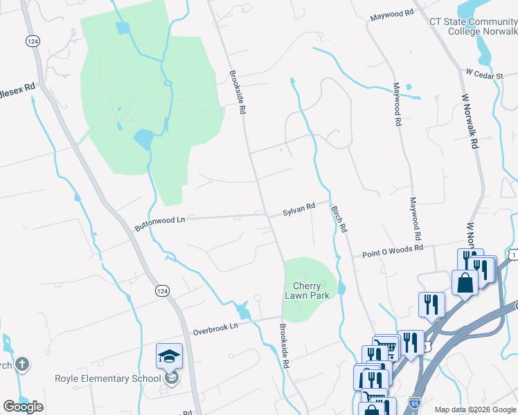 map of restaurants, bars, coffee shops, grocery stores, and more near 3 Sylvan Road in Darien
