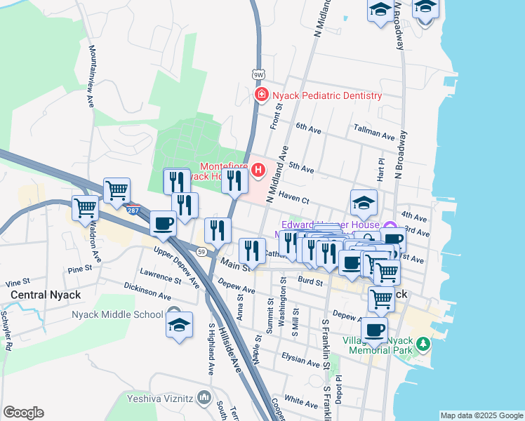 map of restaurants, bars, coffee shops, grocery stores, and more near 80 North Midland Avenue in Nyack