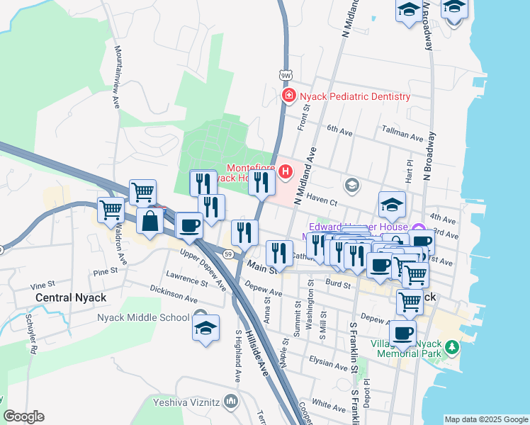 map of restaurants, bars, coffee shops, grocery stores, and more near 73 North Highland Avenue in Nyack