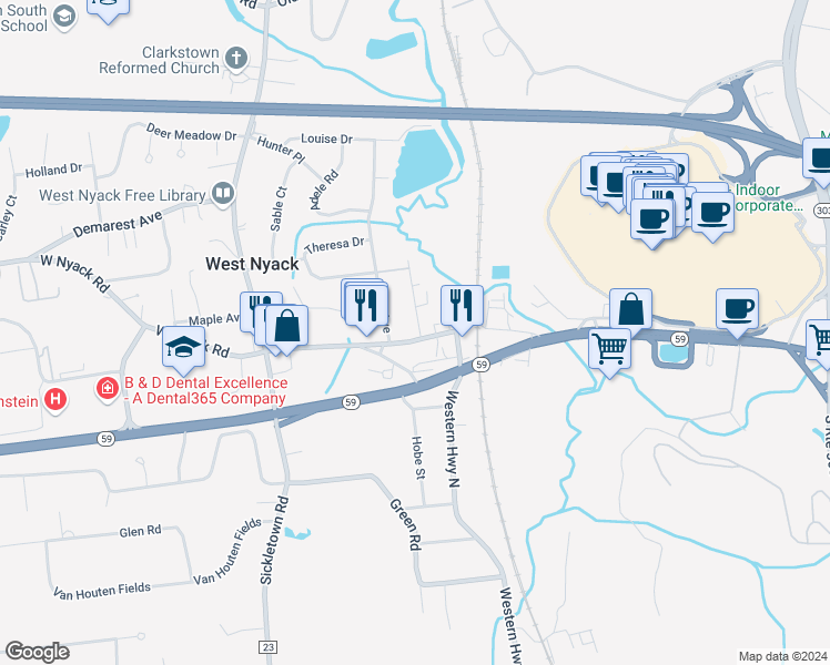 map of restaurants, bars, coffee shops, grocery stores, and more near 741 West Nyack Road in West Nyack