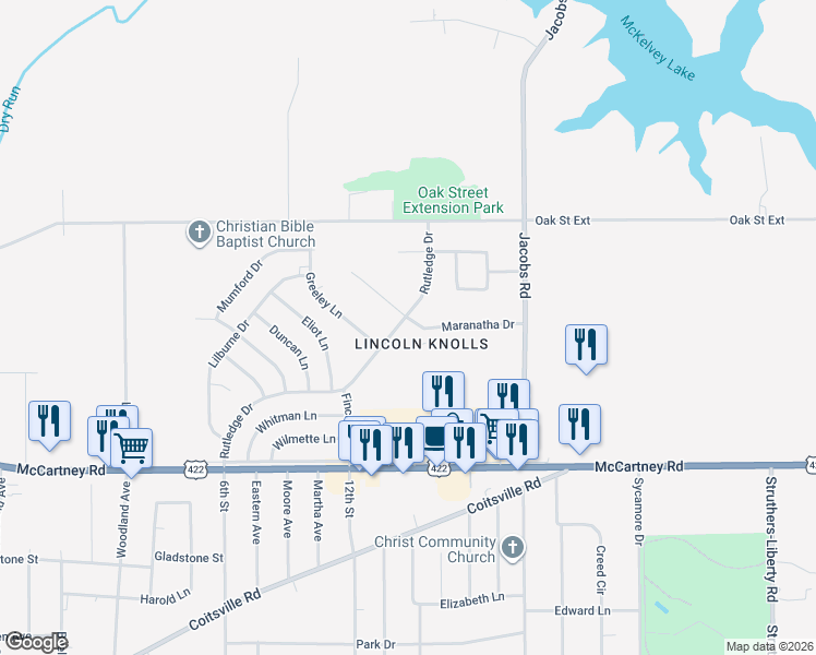 map of restaurants, bars, coffee shops, grocery stores, and more near 31 Maranatha Court in Youngstown