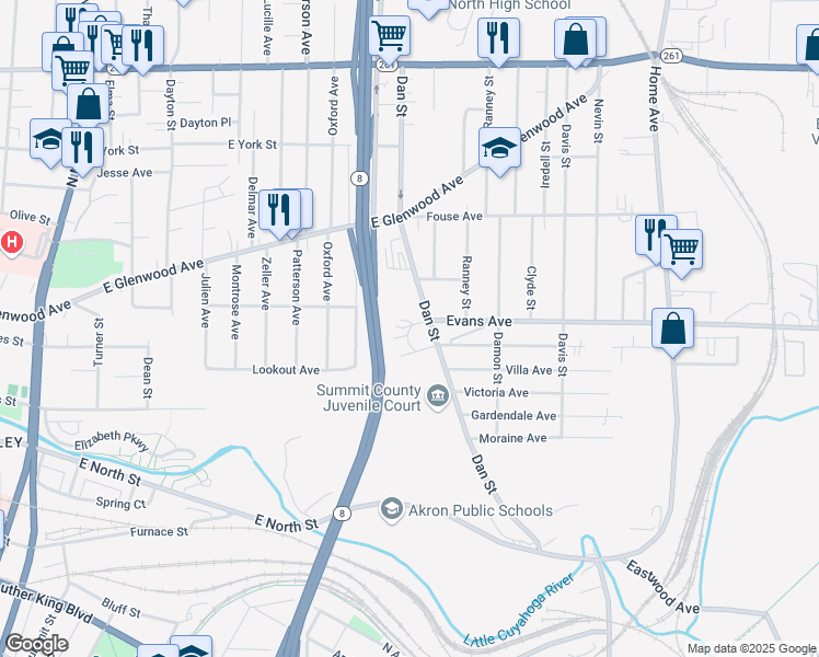 map of restaurants, bars, coffee shops, grocery stores, and more near 725 Pine Knolls Drive in Akron