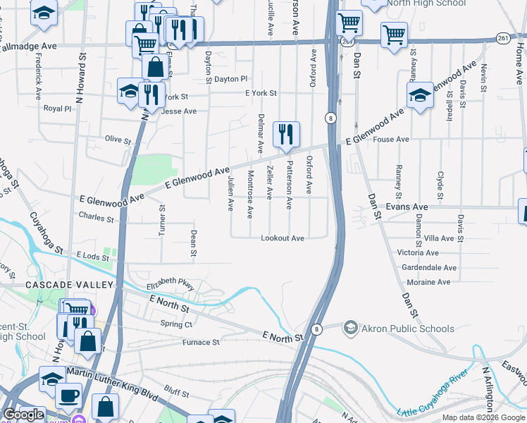 map of restaurants, bars, coffee shops, grocery stores, and more near 304 Zeller Avenue in Akron