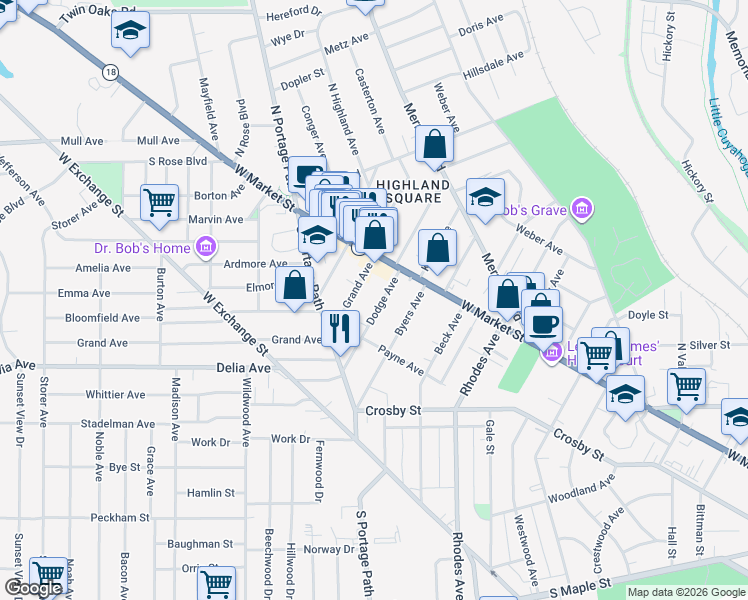 map of restaurants, bars, coffee shops, grocery stores, and more near 53 Dodge Avenue in Akron