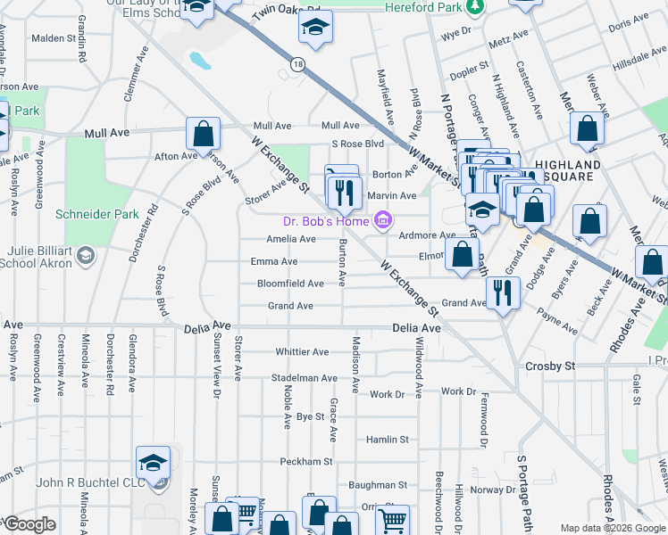 map of restaurants, bars, coffee shops, grocery stores, and more near 1001 Bloomfield Avenue in Akron