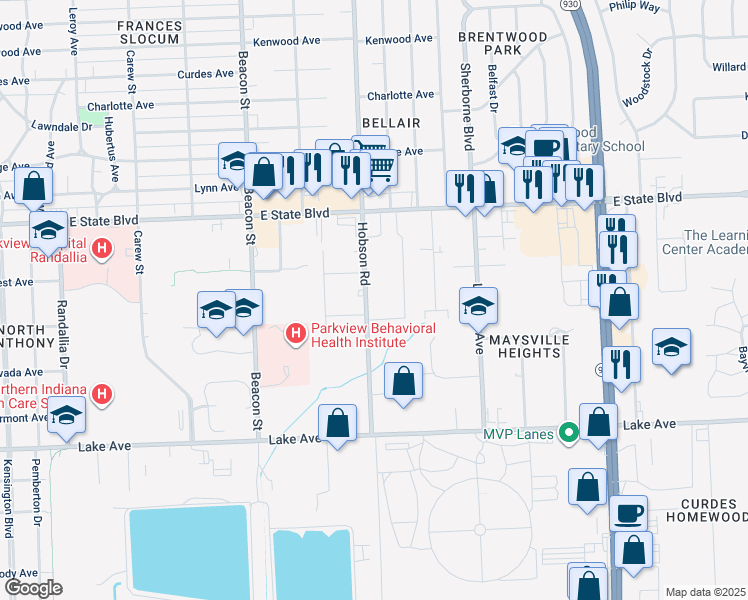 map of restaurants, bars, coffee shops, grocery stores, and more near 1926 Hobson Rd in Fort Wayne