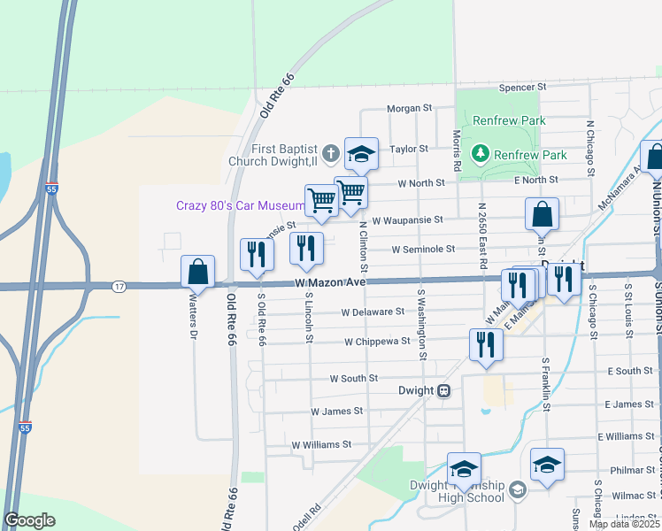 map of restaurants, bars, coffee shops, grocery stores, and more near 326 West Mazon Avenue in Dwight