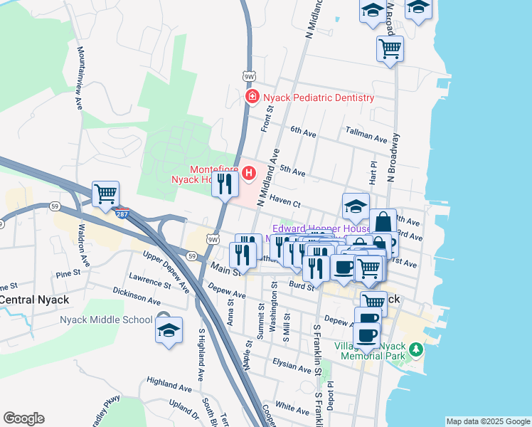map of restaurants, bars, coffee shops, grocery stores, and more near 113 Sickles Avenue in Nyack