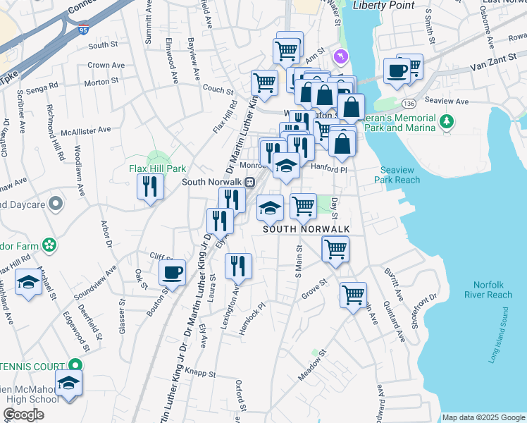 map of restaurants, bars, coffee shops, grocery stores, and more near 5 Mulvoy Street in Norwalk