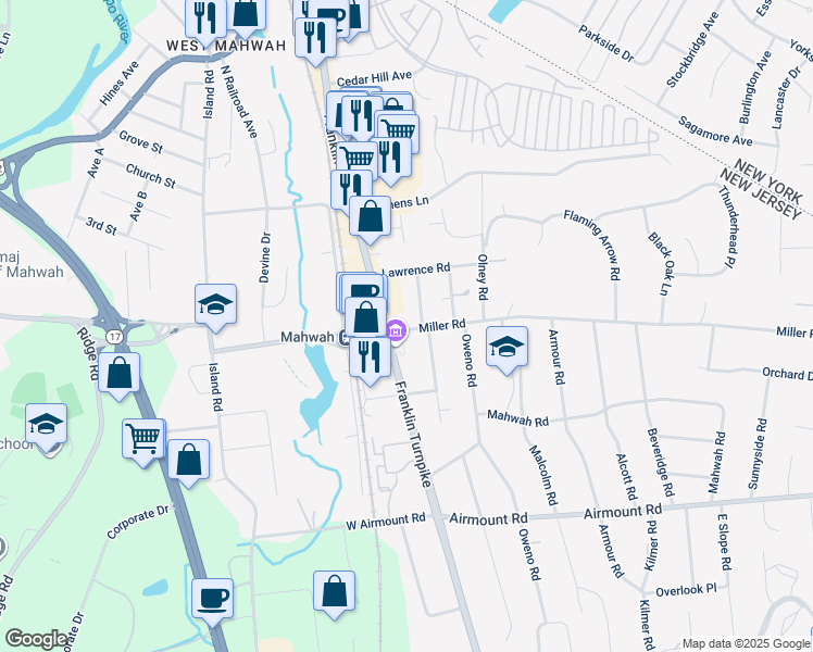 map of restaurants, bars, coffee shops, grocery stores, and more near 109 Miller Road in Mahwah