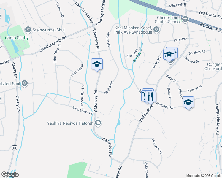 map of restaurants, bars, coffee shops, grocery stores, and more near 93 Regina Road in Airmont