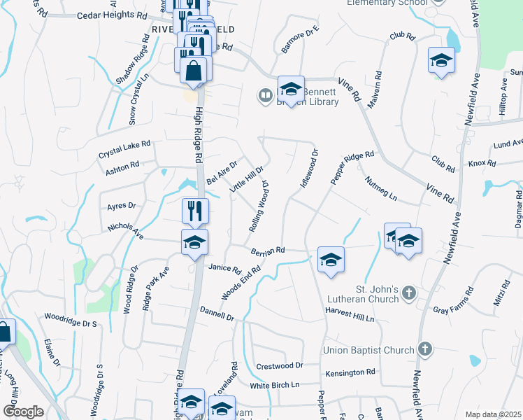 map of restaurants, bars, coffee shops, grocery stores, and more near 55 Rolling Wood Drive in Stamford