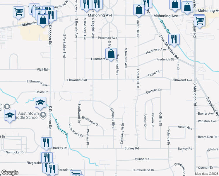 map of restaurants, bars, coffee shops, grocery stores, and more near 4105 Elmwood Avenue in Youngstown