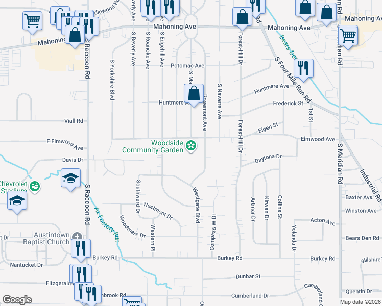 map of restaurants, bars, coffee shops, grocery stores, and more near 4105 Elmwood Avenue in Youngstown