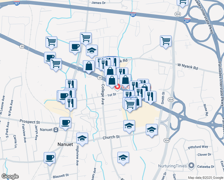 map of restaurants, bars, coffee shops, grocery stores, and more near 40 1st Street in Nanuet